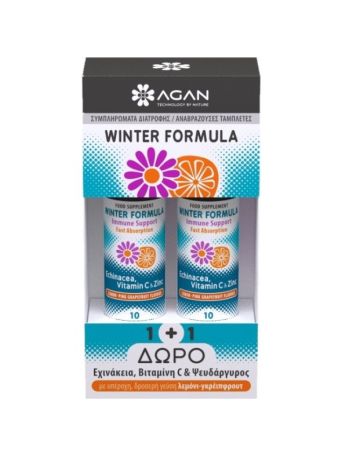 Agan Winter Formula Echinacea, Vitamin C & Zinc 1 & 1 Δώρο 20 αναβράζοντα δισκία Λεμόνι Γκρέιπφρουτ