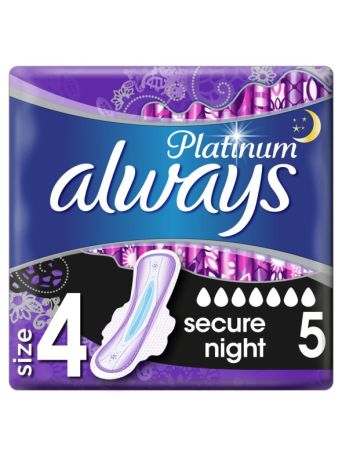 Always Platinum Secure Night Σερβιέτες με Φτερά Νυκτός για Αυξημένη Ροή 7 Σταγόνες Μέγεθος 4 5τμχ