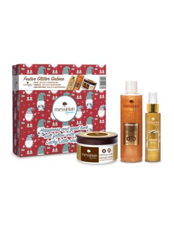 MESSINIAN SPA FESTIVE GLITTER GNOME BOX / ROYAL JELLY AND HELICHRYSUM SHIMMERING DRY OIL 100ML / SHOWER GEL 300ML / HAND AND BODY CREAM 250ML
