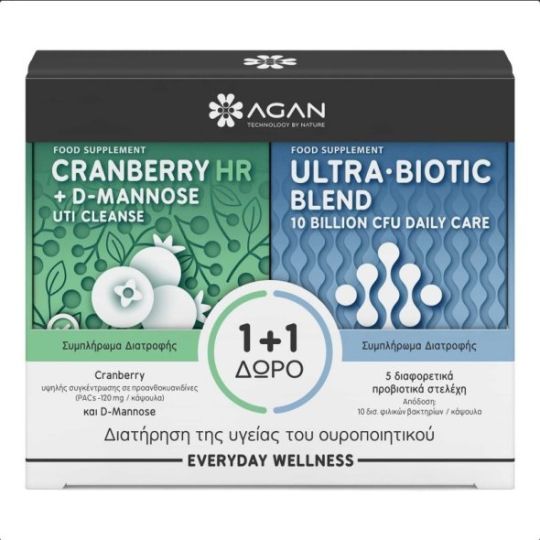 Agan Cranberry HR plus D-Mannose 30 φυτικές κάψουλες + Ultra-Biotic Blend 15 κάψουλες