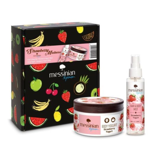 MESSINIAN SPA BEAUTY BOX  STRAWBERRY MADNESS Hair & Body mist Φράουλα - Γιαούρτι 100ml & Body Yogurt Φράουλα - Γιαούρτι 250ml 