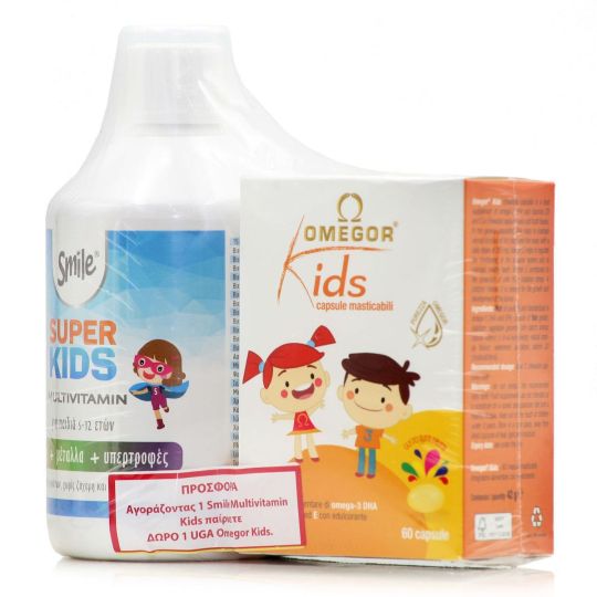 AM Health Smile SuperKids Multivitamin Βιταμίνη για Ενέργεια & το Ανοσοποιητικό Πορτοκάλι 500ml & Uga Omegor Kids 60 μασώμενες ταμπλέτες