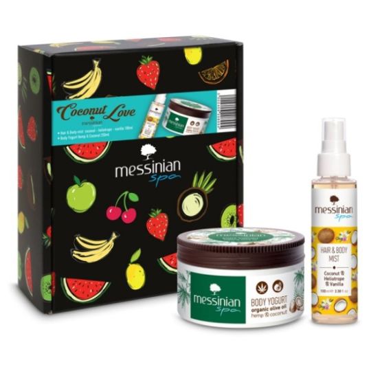 MESSINIAN SPA BEAUTY BOX COCONUT LOVE Hair & Body mist coconut - heliotrope - vanilla 100ml & Body Yogurt Κάνναβη & Καρύδα 250ml
