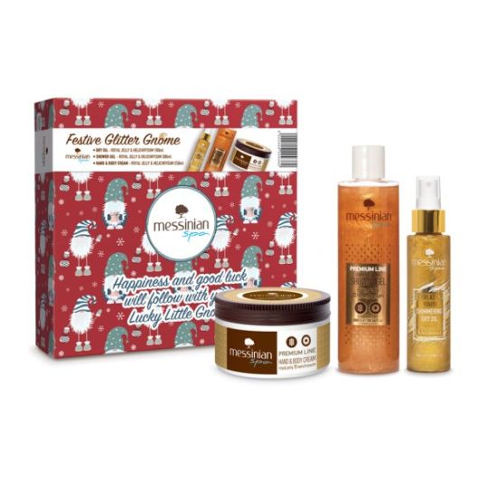 MESSINIAN SPA FESTIVE GLITTER GNOME BOX / ROYAL JELLY AND HELICHRYSUM SHIMMERING DRY OIL 100ML / SHOWER GEL 300ML / HAND AND BODY CREAM 250ML