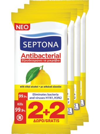Septona Promo (2+2 Δώρο) Antibacterial Hand Wipes Lemon Αντιβακτηριδιακά Μαντηλάκια Χεριών Λεμόνι, 4x15τεμ