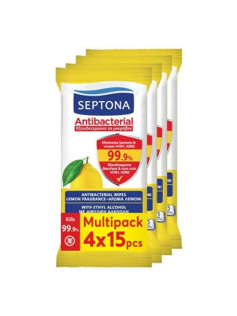 SEPTONA ΔΡΟΣΟΜΑΝΤΗΛΑ ANTIBACTERIAL ΛΕΜΟΝΙ  4*15τμχ 2+2
