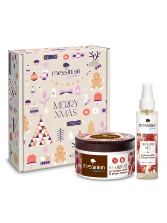 MESSINIAN SPA XMAS BOX CARDAMON MILK & GINGER FLOWER BODY BUTTER 250ml & HAIR & BODY MIST 100ml