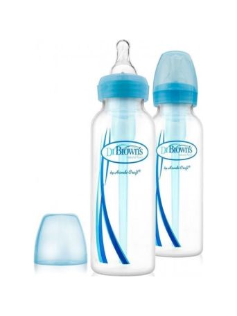 Dr. Brown's Natural Flow Options, Πλαστικά Μπιμπερό Μπλε με Στενό Λαιμό & Θηλή Σιλικόνης 2x250ml