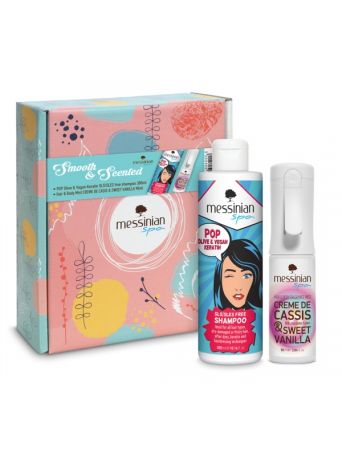 MESSINIAN SPA BEAUTY BOX SMOOTH AND SCENTED POP OLIVE & VEGAN KERATIN SHAMPOO 300ML + CREME DE CASSIS & SWEET VANILLA BODY MIST 90ML